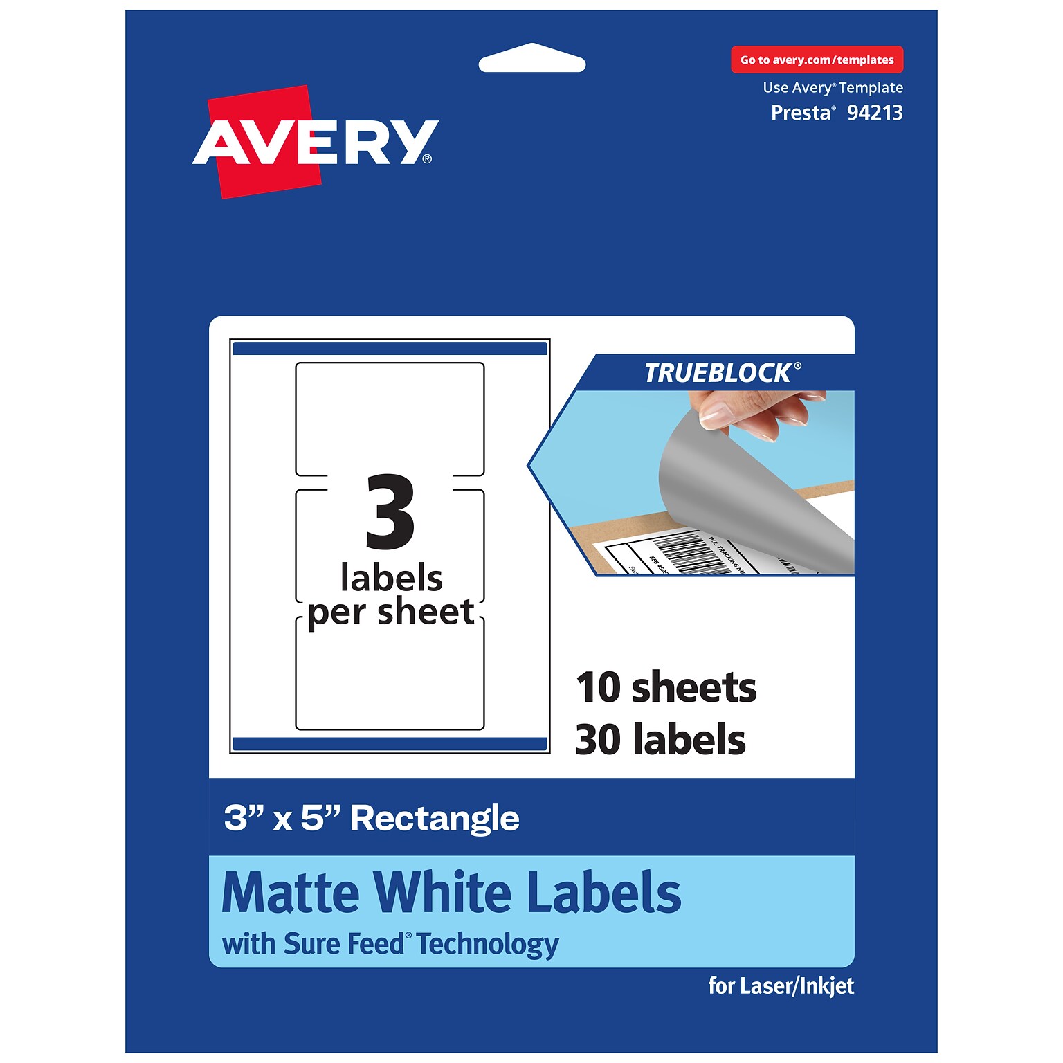 Avery TrueBlock Laser/Inkjet Rectangle Multipurpose Labels, 3 x 5, White, 30/Pack (94213)
