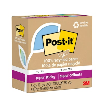 Post-it Oasis Recycled Super Sticky Notes, 3 x 3, Oasis Collection, 70 Sheets/Pad, 5 Pads/Pack (65