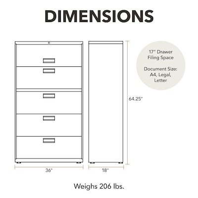 HON Brigade 600 Series 5-Drawer Lateral File Cabinet, Locking, Letter/Legal, Black, 36W (H685.L.P)