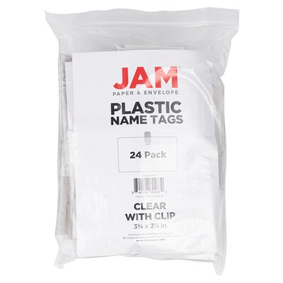 JAM PAPER Plastic Name Tags with Clamp Hook, 3 5/8" x 2 1/4", Clear, 24/Pack (401139014)