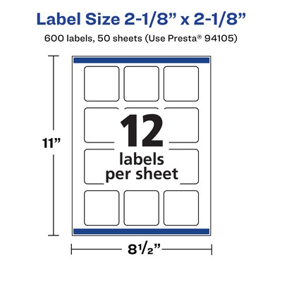Avery Laser/Inkjet Multipurpose Square Labels, 2.125" x 2.125", White, 600 Labels/Box (94105)