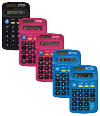 Better Office Products Pocket Size Mini Calculators, Dual Power Included AA Battery, Assorted Colors