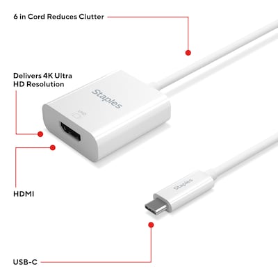 Staples TECH USB-C to HDMI Adapter – Audio/Video Converter for Monitors, TVs & Projectors, Male-to-Female, White