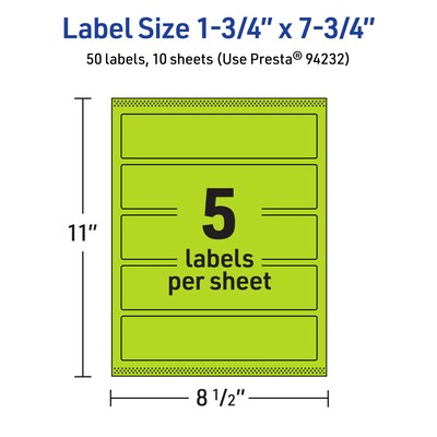 Avery Laser/Inkjet Multipurpose Rectangle Labels, 1.75" x 7.75", Bright Green, 50/Pack (94232)