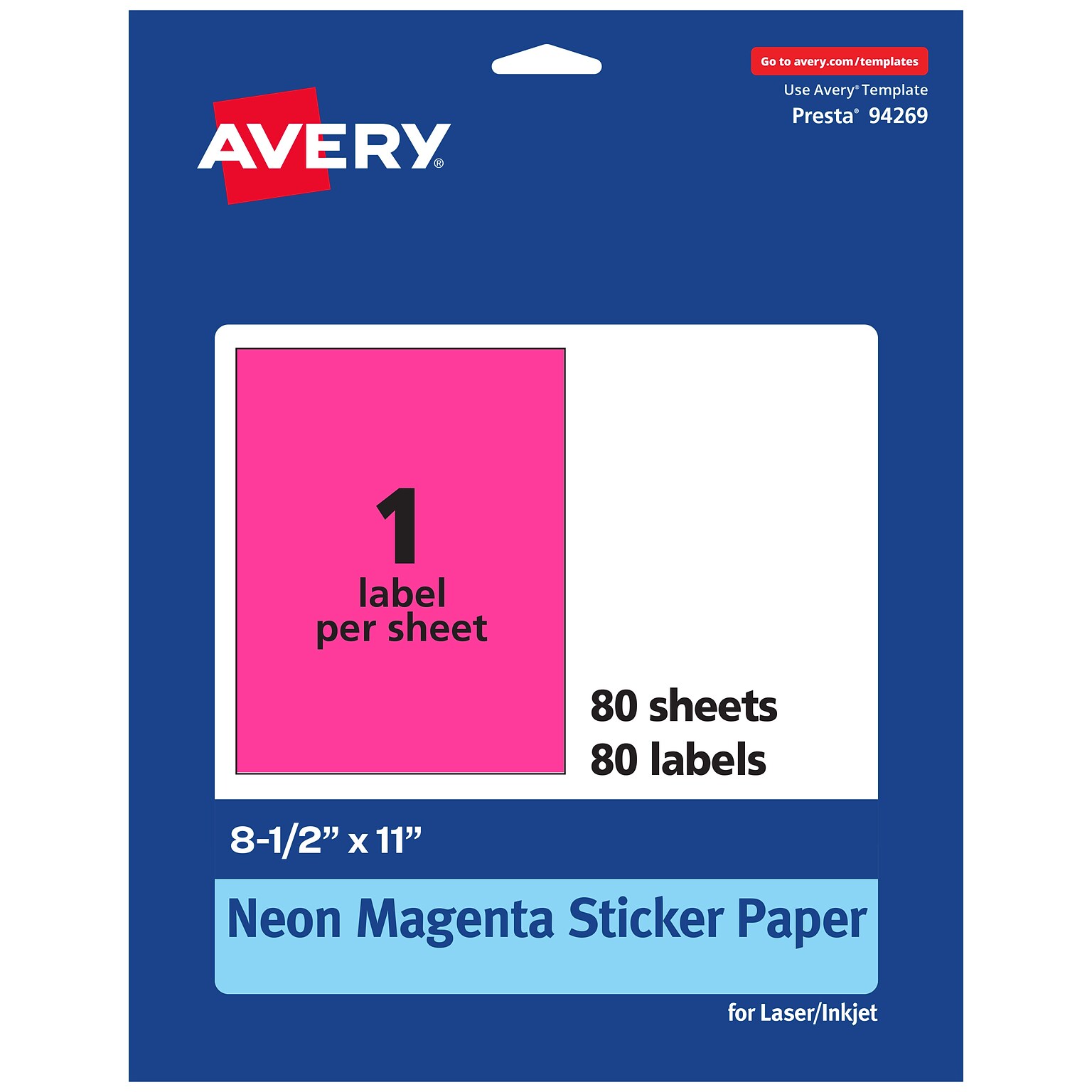 Avery Laser/Inkjet Rectangle Multipurpose Labels, 8.5 x 11, Neon Magenta, 80/Box (94269)