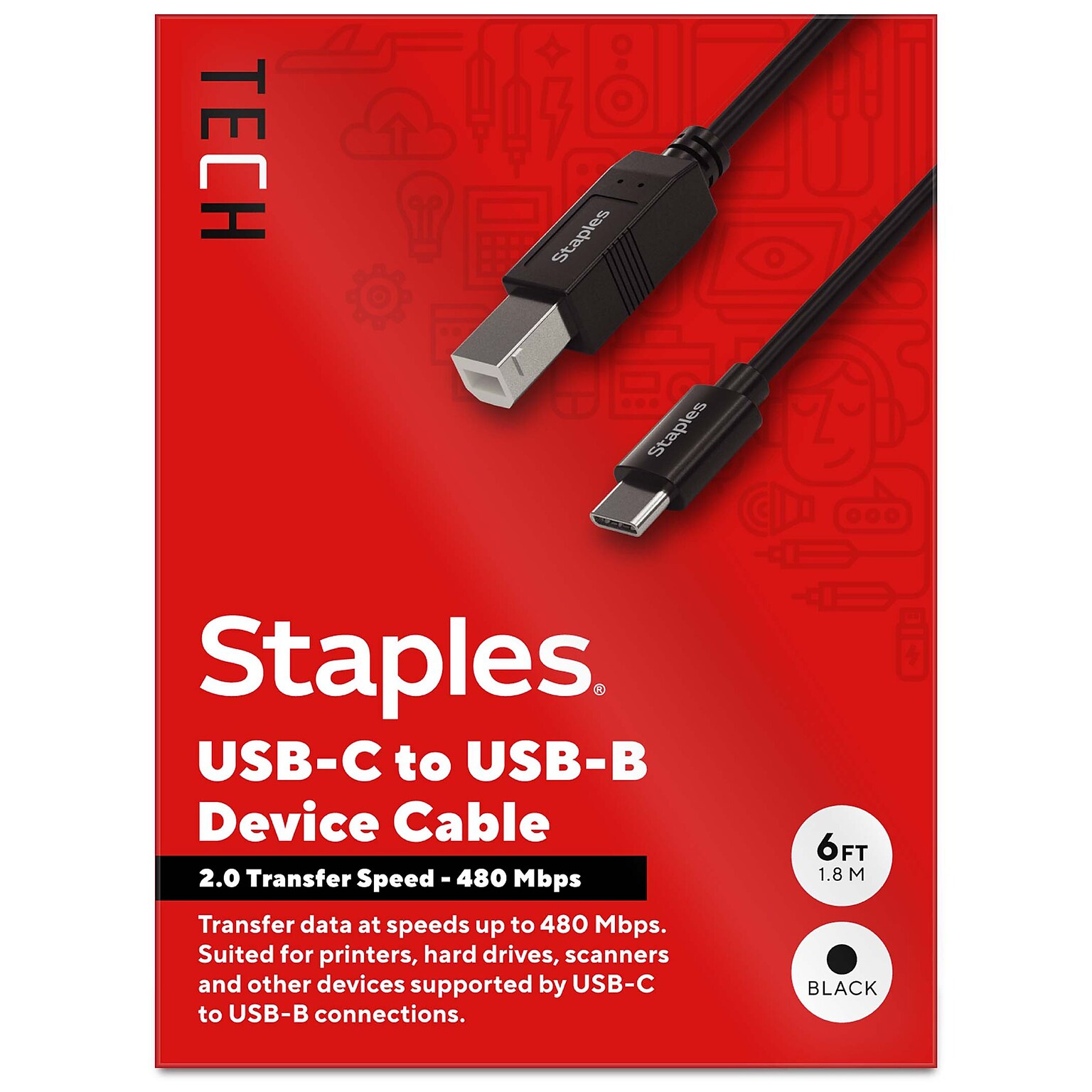 Staples TECH 6 ft. USB-C to USB-B 2.0 Cable, Male to Male, Black (ST62444)