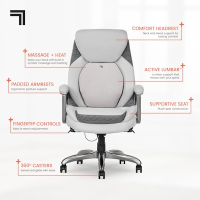 Sharper Image S-600 Active Lumbar Heated Ergonomic Bonded Leather Swivel Executive Massage Chair, Off-White (60098-OWHT)