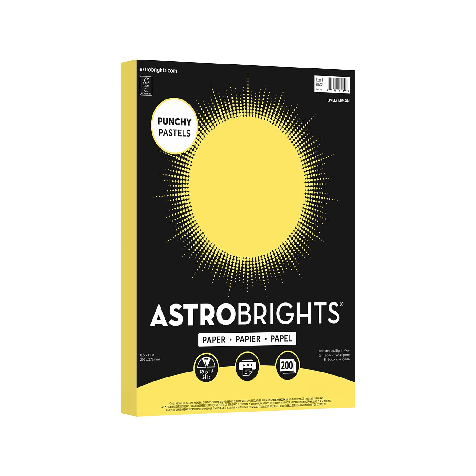 Astrobrights Punchy Pastels 8.5 x 11 Colored Paper, 24 lbs., Lively Lemon, 200 Sheets/Pack (91739)