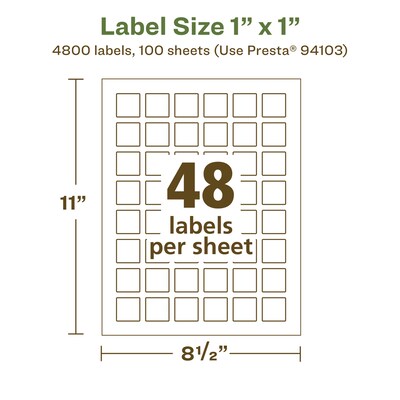 Avery EcoFriendly Laser/Inkjet Square Multipurpose Labels, 1" x 1", White, 4800/Box (94103)
