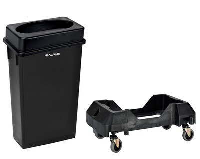 Alpine Industries Plastic Indoor Waste Basket Commercial Slim Trash Can with Lid and Dolly, 23 Gallon, Black (477-BLK1-PKD)