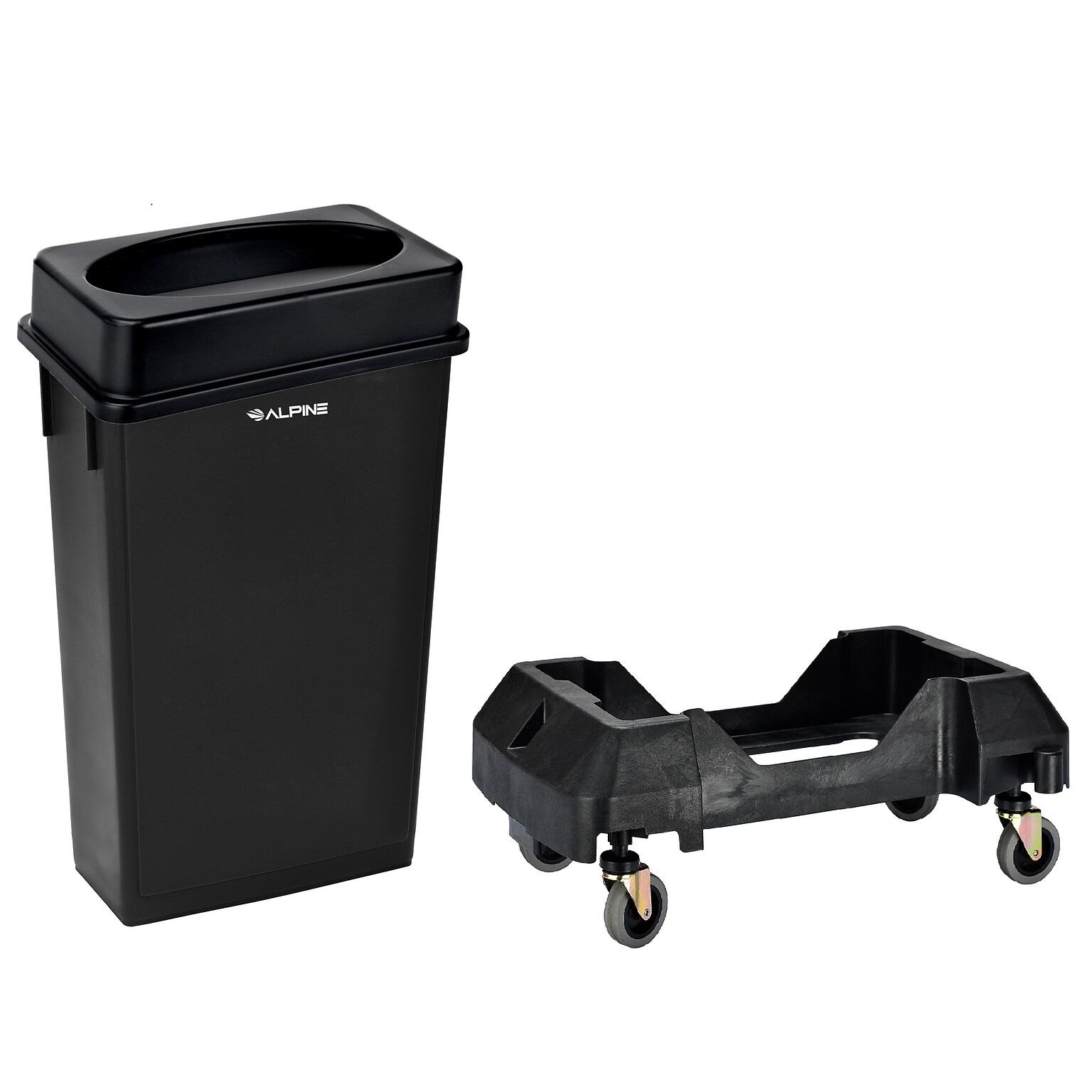 Alpine Industries Plastic Indoor Waste Basket Commercial Slim Trash Can with Lid and Dolly, 23 Gallon, Black (477-BLK1-PKD)