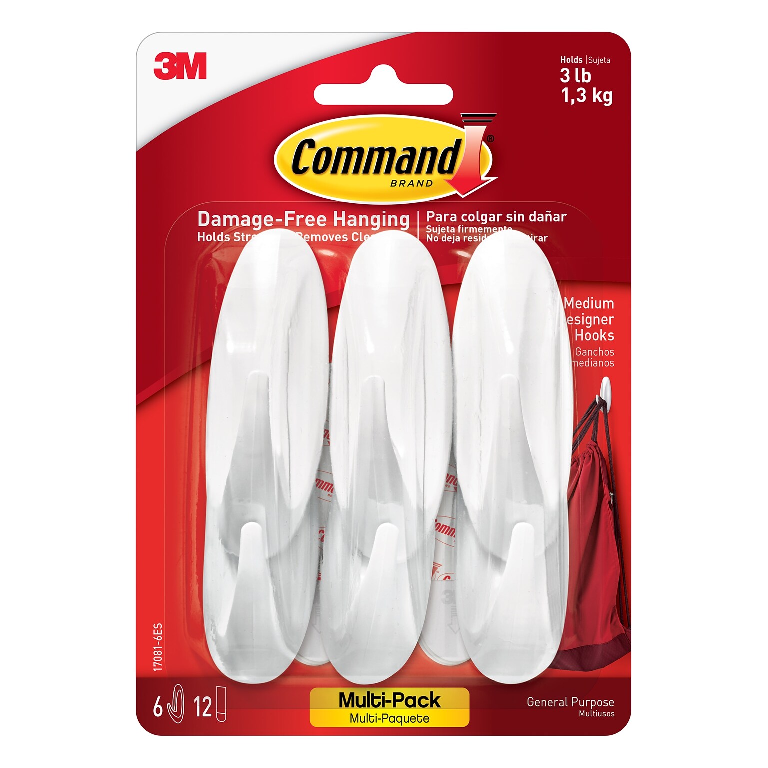 Command Medium Decorative Hooks, 3 lb., White, 6/Pack (17081-6ES)