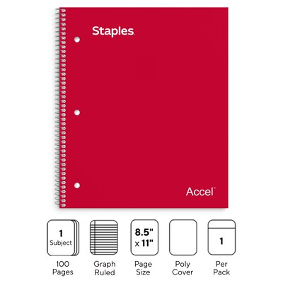 Staples Premium 1-Subject Notebook, 8.5 x 11, Graph Ruled, 100 Sheets, Red  (TR58324)