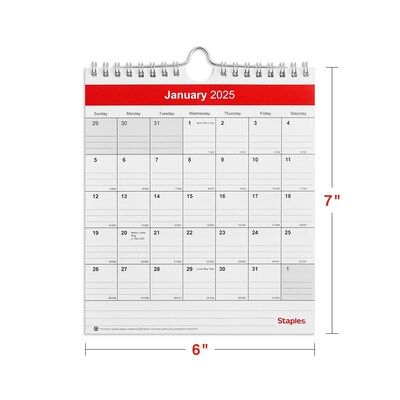2025 Staples 6" x 7" Wall Calendar, Red/White (ST53923-25)