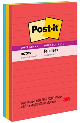 Post-it Super Sticky Notes, 4 x 6, Playful Primaries Collection, Lined, 90 Sheet/Pad, 3 Pads/Pack