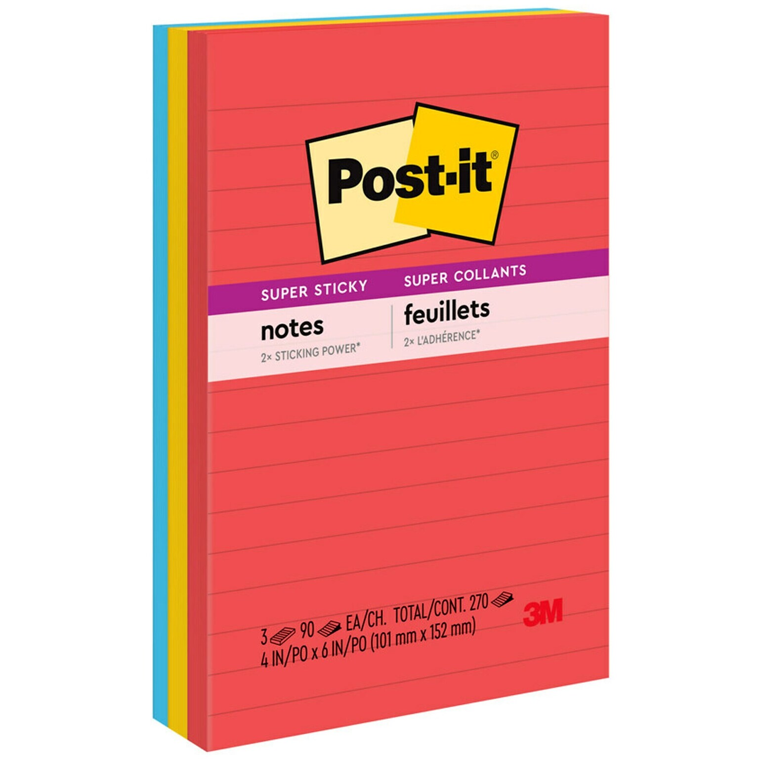 Post-it Super Sticky Notes, 4 x 6, Playful Primaries Collection, Lined, 90 Sheet/Pad, 3 Pads/Pack (6603SSAN)