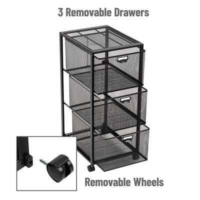 Mind Reader 3-Drawer Mobile Organizer Storage Cart with Wheels, Metal, Black (3TWHEEL-BLK)