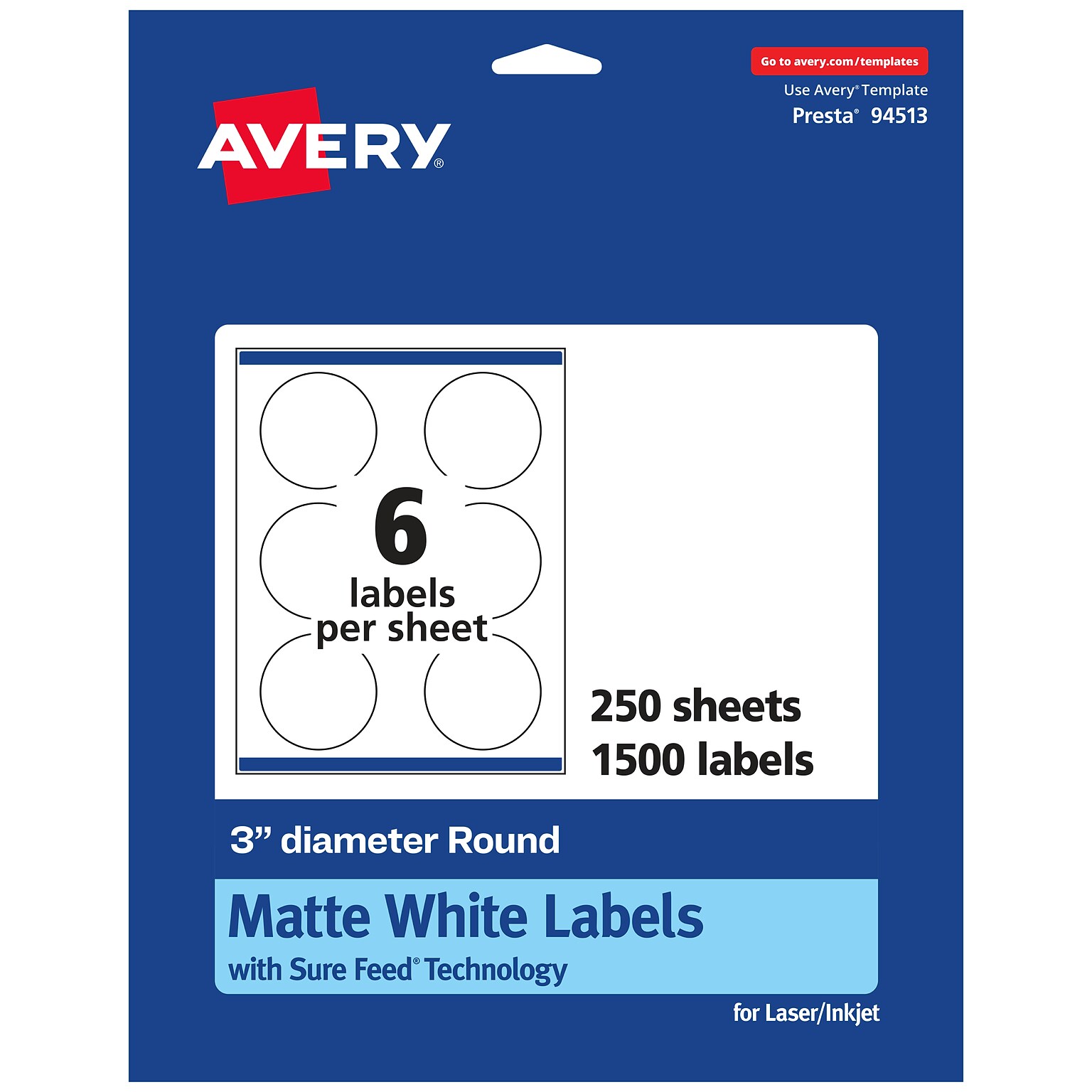 Avery Laser/Inkjet Round Multipurpose Labels, 3 Dia., White, 1500 Labels/Box (94513)