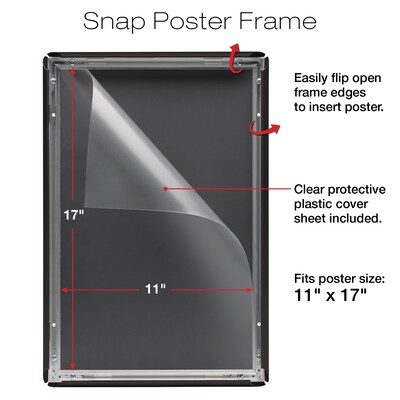 Excello Global Products Snap Frame Poster Holder, 11 x 17, Wall Mounted, Vertical/Horizontal, Black Metal (SF-1117-BLK)