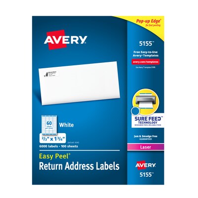 Avery Easy Peel Laser Return Address Labels, 2/3 x 1-3/4, White, 60 Labels/Sheet, 100 Sheets/Pack,