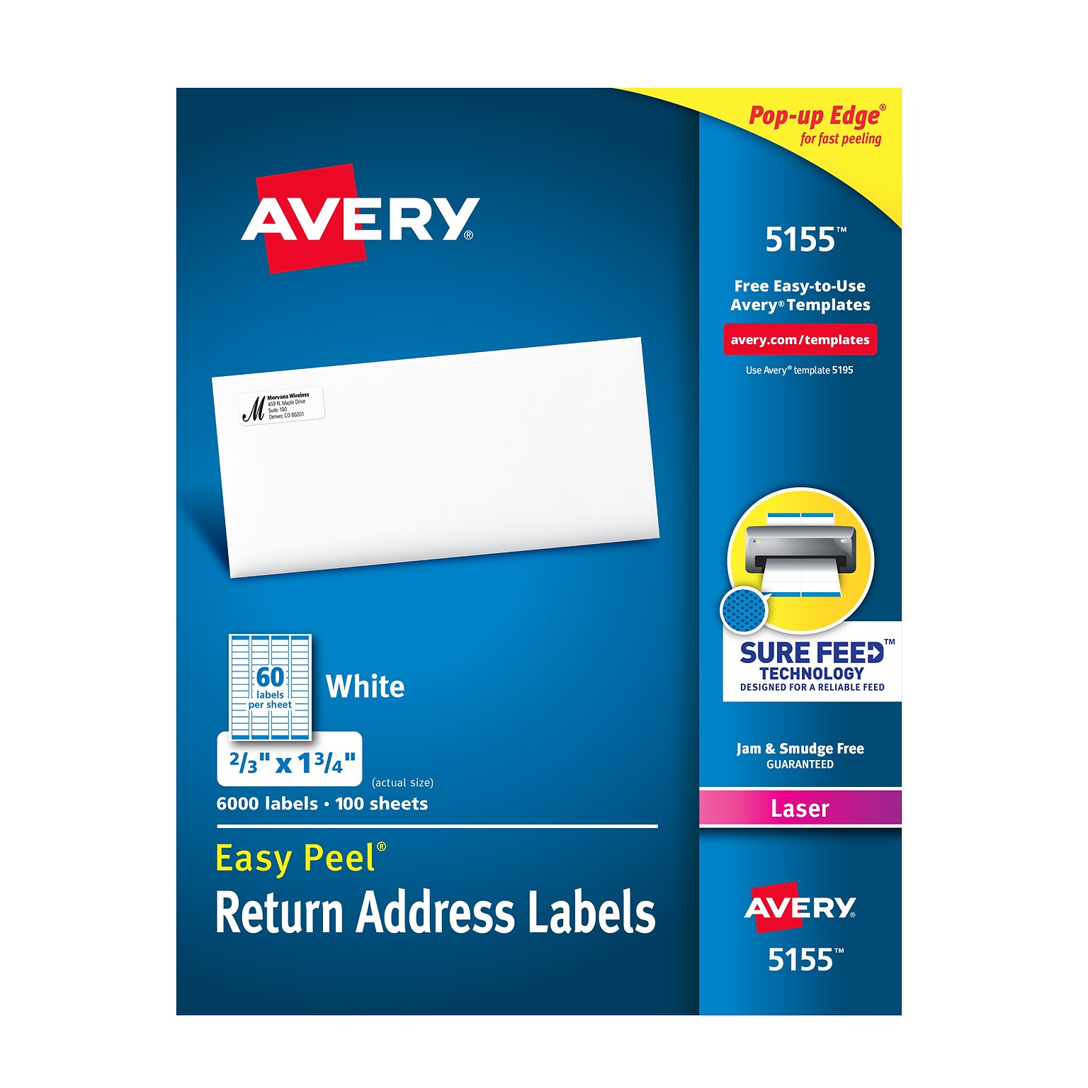 Avery Easy Peel Laser Return Address Labels, 2/3 x 1-3/4, White, 60 Labels/Sheet, 100 Sheets/Pack, 6000 Labels/Pack (5155)