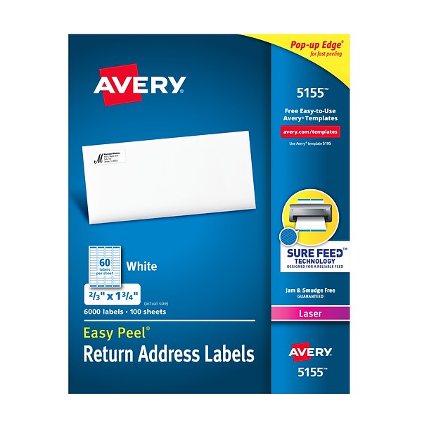 Avery Easy Peel Laser Return Address Labels, 2/3 x 1-3/4, White, 60 Labels/Sheet, 100 Sheets/Pack, 6000 Labels/Pack (5155)