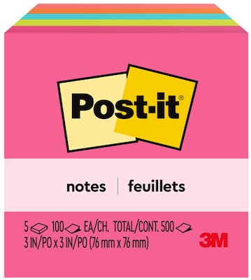 Post-it Sticky Notes, 3 x 3 in., 5 Pads, 100 Sheets/Pad, The Original Post-it Note, Poptimistic Coll