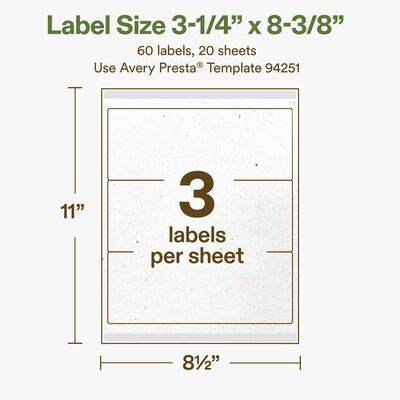 Avery Hemp Rectangle Laser/Inkjet Multipurpose Labels, 3-1/4" x 8-3/8", Off-White (60/Pack)