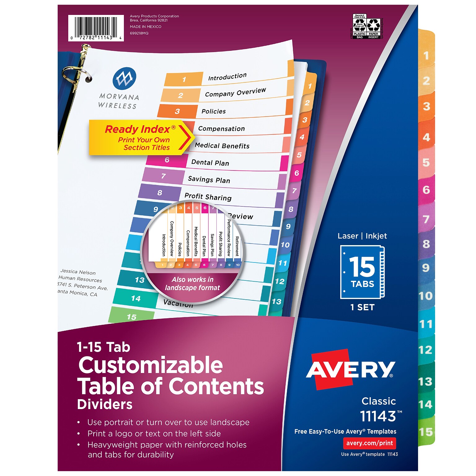 Avery Ready Index Table of Contents Pre-Printed Paper Dividers, 15 Tabs, Multicolor, 1 Set (11143)