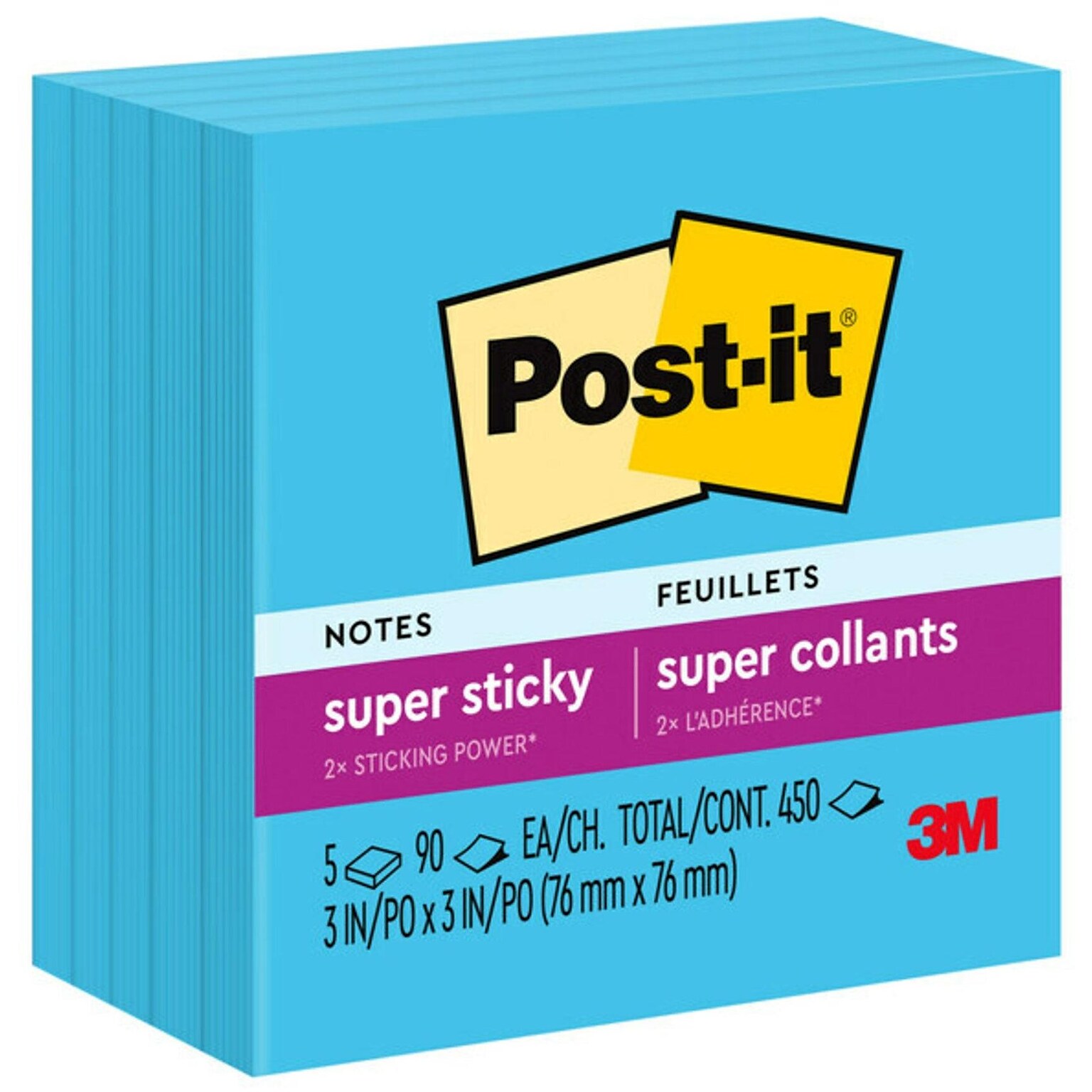 Post-it Super Sticky Notes, 3 x 3, Blue Paradise, 90 Sheet/Pad, 5 Pads/Pack (654-5SSBE)