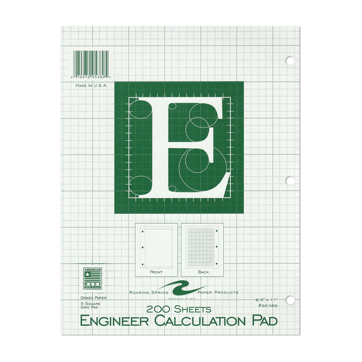 Roaring Spring Paper Products 8.5 x 11 Engineer Pad, 15 lb. Green Tinted Paper, 5x5 Grid Layout, 12 Pads/Case (95389CS)