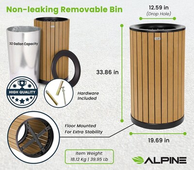 Alpine Industries Steel Outdoor Trash Can with Open Lid, 32 Gallon, Cedar (ALP4400-01-CD)
