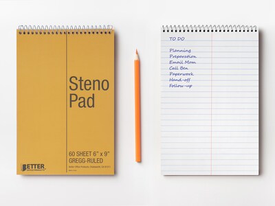 Better Office Steno Pad, 6" x 9", Gregg-Ruled, Yellow, 60 Sheets/Pad, 8 Pads/Pack (25808-8PK)