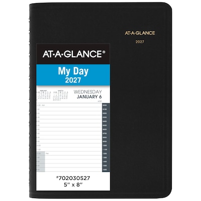 2027 AT-A-GLANCE 24-Hour 5 x 8 Daily Appointment Book Planner, Faux Leather Cover, Black (70-203-05-27)
