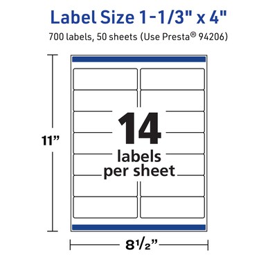 Avery TrueBlock Laser/Inkjet Rectangle Multipurpose Labels, 1-1/3" x 4", White, 700/Box (94206)
