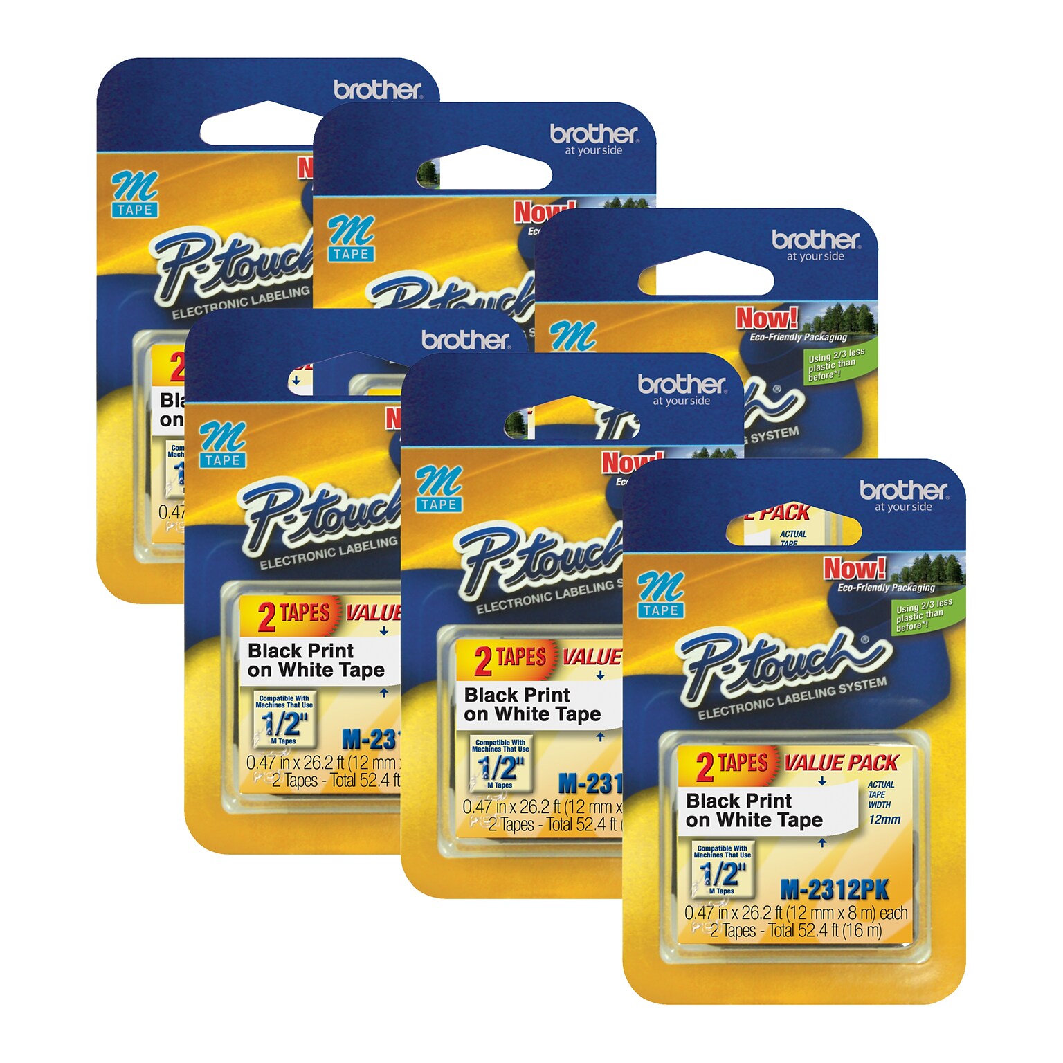 6 Pack Brother P-touch M-231 Label Maker Tape, 1/2 x 26-2/10, Black on White, 2/Pack (M-2312PK)