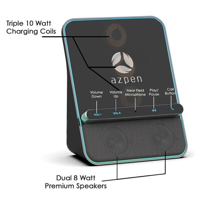 Azpen Fast Wireless Charging Hub with Bluetooth Speakers & Speakerphone, 10 Watt, Black (DockAll D5)