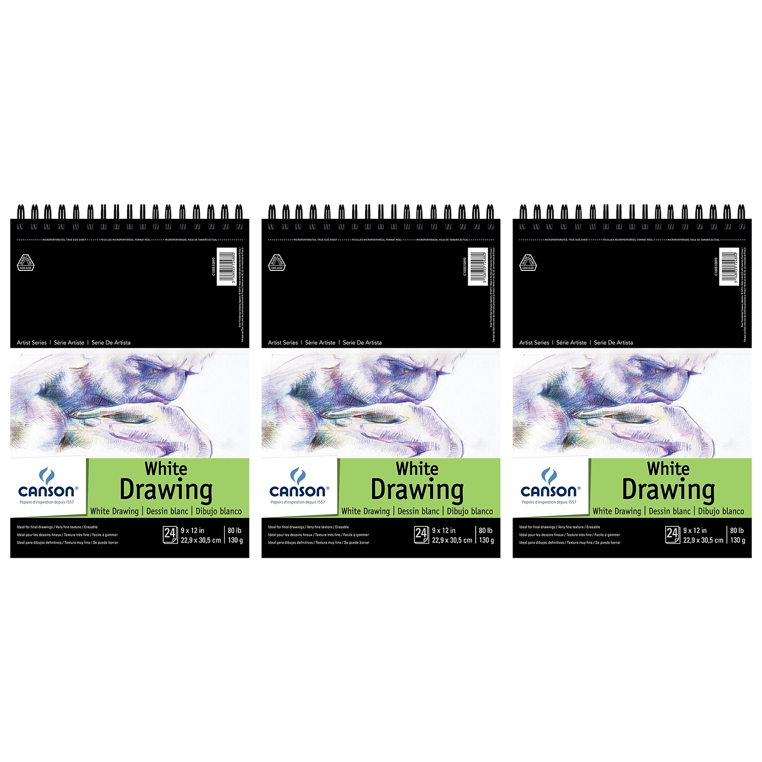 Canson Artist Series 9 x 12 Wire Bound Drawing Sketch Pad, 24 Sheets/Pad, 3/Bundle (MCXC100510890-3)