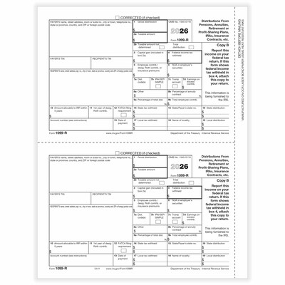 ComplyRight 2026 1099-R Tax Form, 1-Part, 2-Up, Recipient Copy B, 50/Pack (514150)