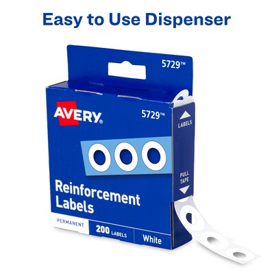 Avery Self-Adhesive Plastic Reinforcement Labels, 1/4" Diameter, Matte White, 200/Pack (13967/5729)