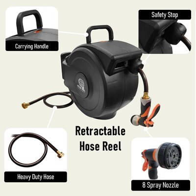 Hose Reel Pro Heavy Duty Retractable Garden Hose Reel, 1/2" x 50', Black (GHR-1/2-BK-50)