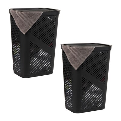 Mind Reader 15.85-Gallon Slim Laundry Hamper with Lid, Plastic, Black, 2/Set (2HBIN60-BLK)