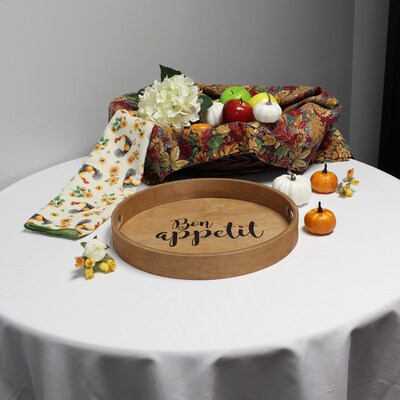Elegant Designs "Bon Appetit" Decorative 13.75" Round Wood Serving Tray w/ Handles, Natural Wood (HG2013-NBA)