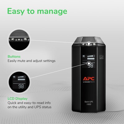 Schneider Electric Back-UPS Pro Compact Tower LCD Battery Backup & Surge Protector with USB, 8-Outlets (BX1000M)