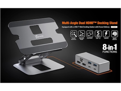 j5create 11.4 x 8.9 Aluminum Multi-Angle Dual-HDMI Docking Stand, Space Gray/Silver (JTS427)
