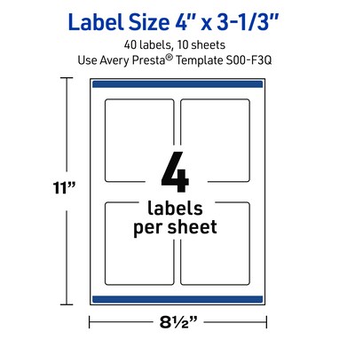 Avery Laser/Inkjet Rectangle Multipurpose Labels, 4" x 3-1/3", White, 80/Pack (S00-F3Q)