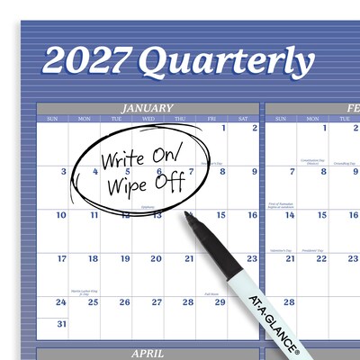 2027 AT-A-GLANCE 36" x 24" Yearly Dry-Erase Wall Calendar, Reversible, White/Blue (A1102-27)