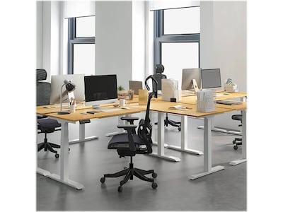 FlexiSpot E7 76"W Electric L-Shaped Adjustable Bamboo Top Standing Desk, White (E7LW557624BAM)