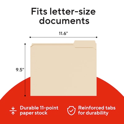 Staples Reinforced File Folders, Letter Size, 1/3-Cut Tabs, Assorted Positions, Manila, Heavy-Duty Construction, 250/Box