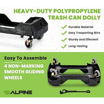 Alpine Industries Rectangular Trash Can Dolly, 200 lb. Weight Capacity, Black, 2/Pack (ALP477-DOLLY-2PK)